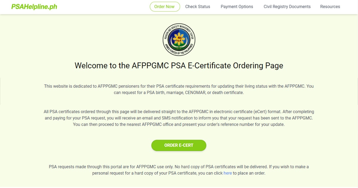 Online ordering of PSA certificates for AFP pensioners