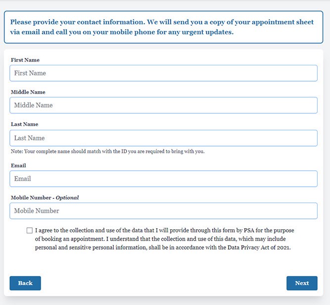 Submit your personal information for your PSA appointment