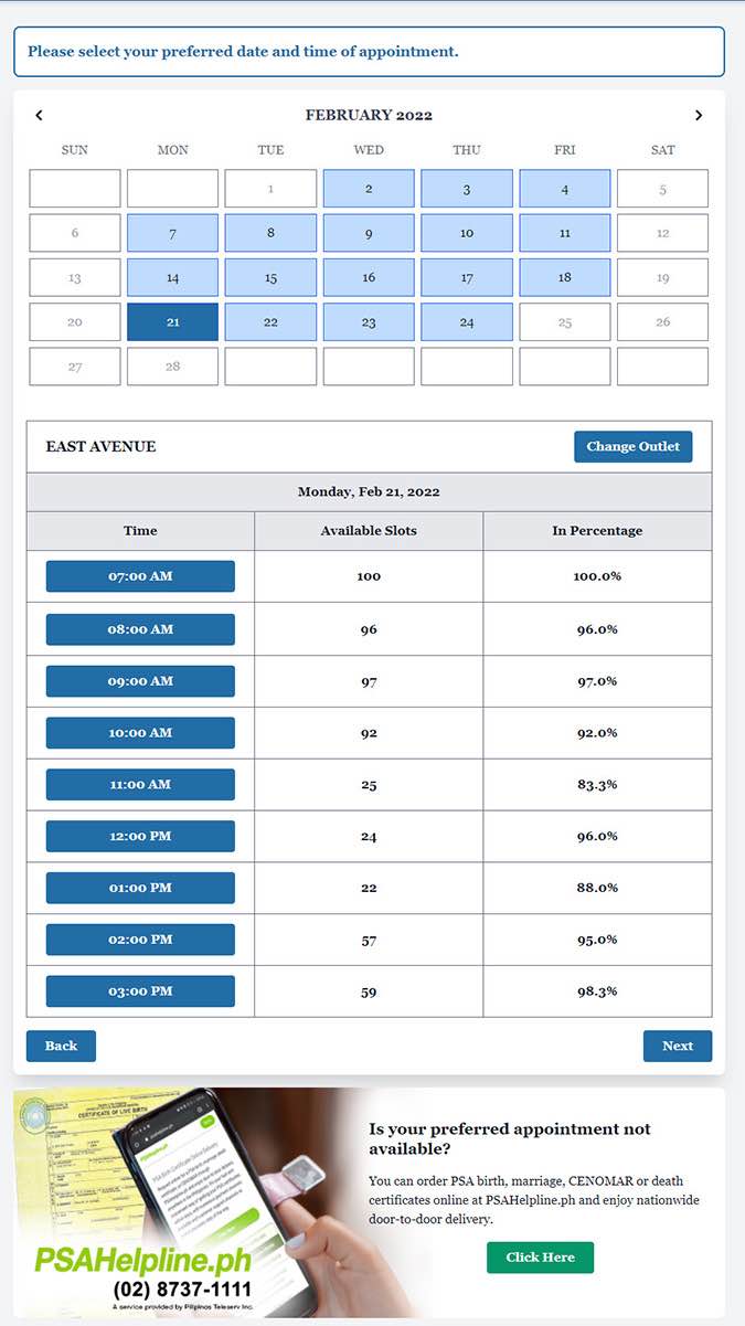 Select the date and time of your visit to the PSA