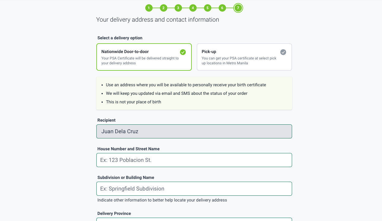 Delivery and contact information needed when requesting for PSA birth certificate online